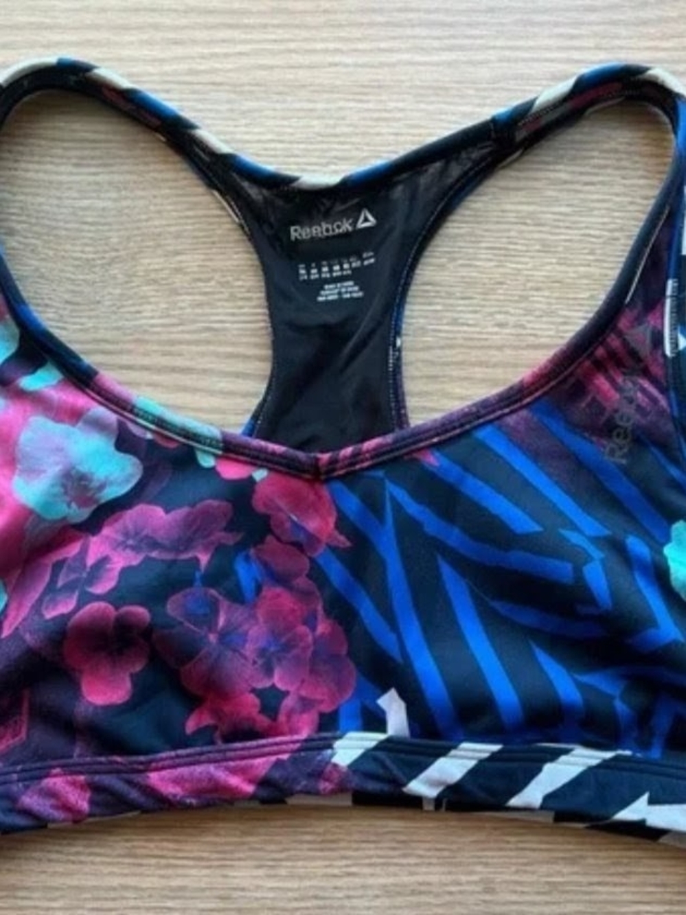 Reebok Pink Floral and Blue Stripe Racerback Sports Bra